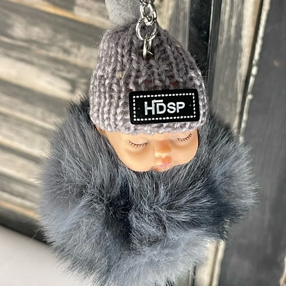 Pom Baby Keychain-Gray & Black w/Hat
